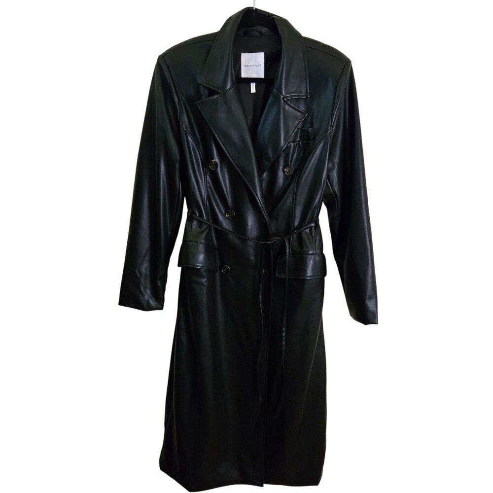 Avec Les Filles Black Faux Leather Double-Breasted Belted Trench Coat Size L - Picture 2 of 12